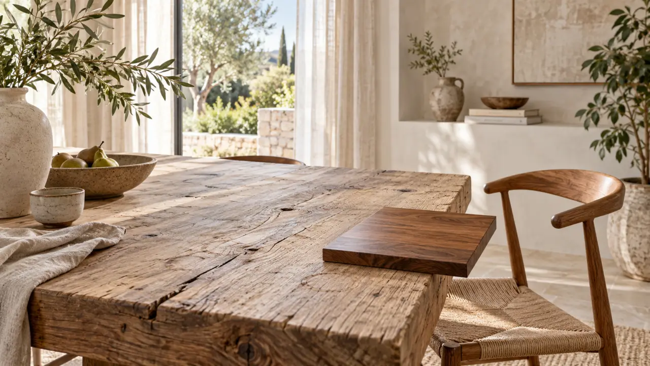 Table en bois brut dans un intérieur lumineux et épuré