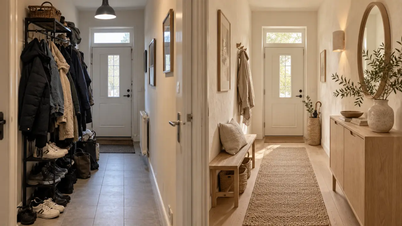 Entrée étroite transformée en sas apaisant avec bois clair, patères et lumière douce