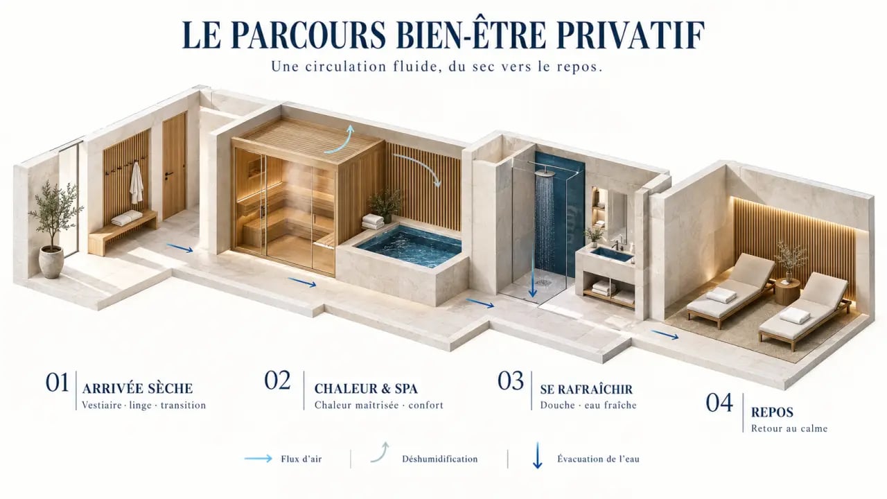 Infographie sur comment aménager un espace bien-être privatif dans une demeure de prestige, avec parcours des usages et gestion de l'humidité