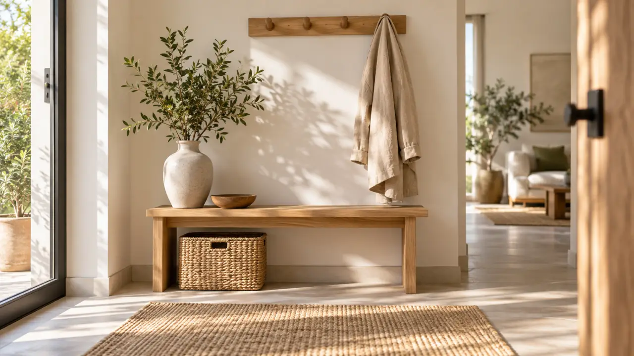 Entrée lumineuse et épurée avec banc en bois, paniers en fibres naturelles et patères murales
