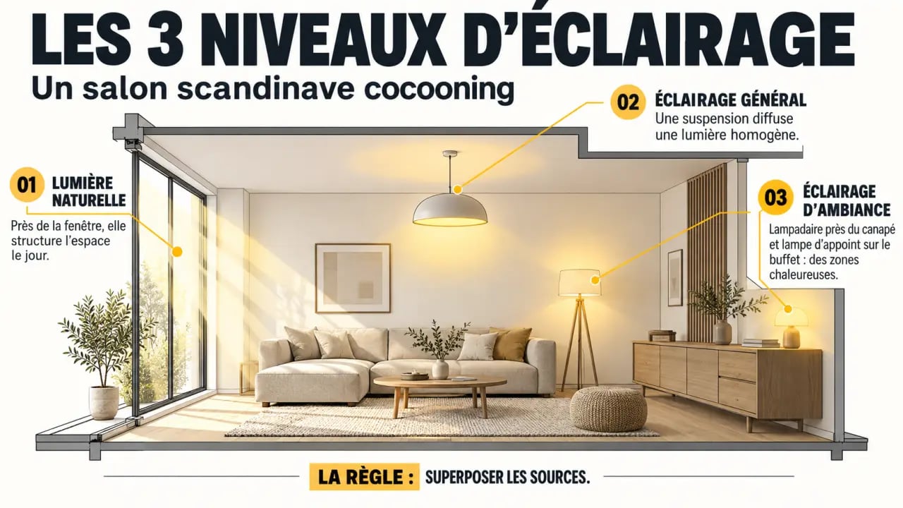 Infographie sur l'éclairage d'une déco scandinave cocooning par zones