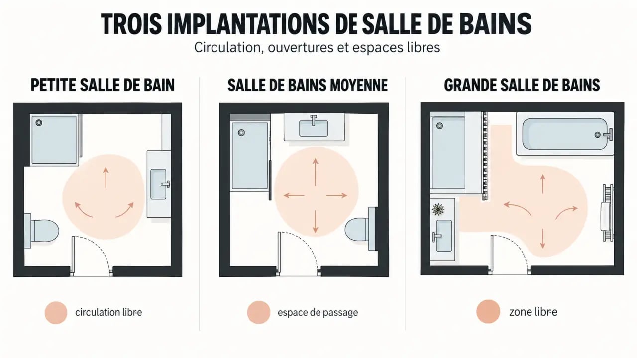 Infographie d’aménagement de salle de bain avec configurations selon la surface et zones de circulation