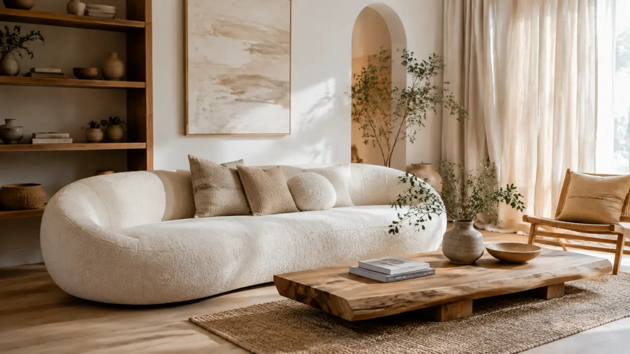 Salon lumineux avec canapé bas en lin beige, courbes douces et table basse en bois brut