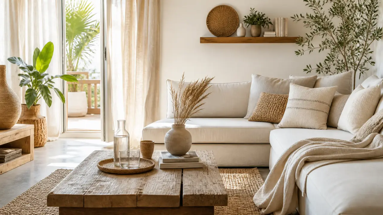 Salon lumineux et apaisant avec matières naturelles, dans l'esprit d'une décoration durable