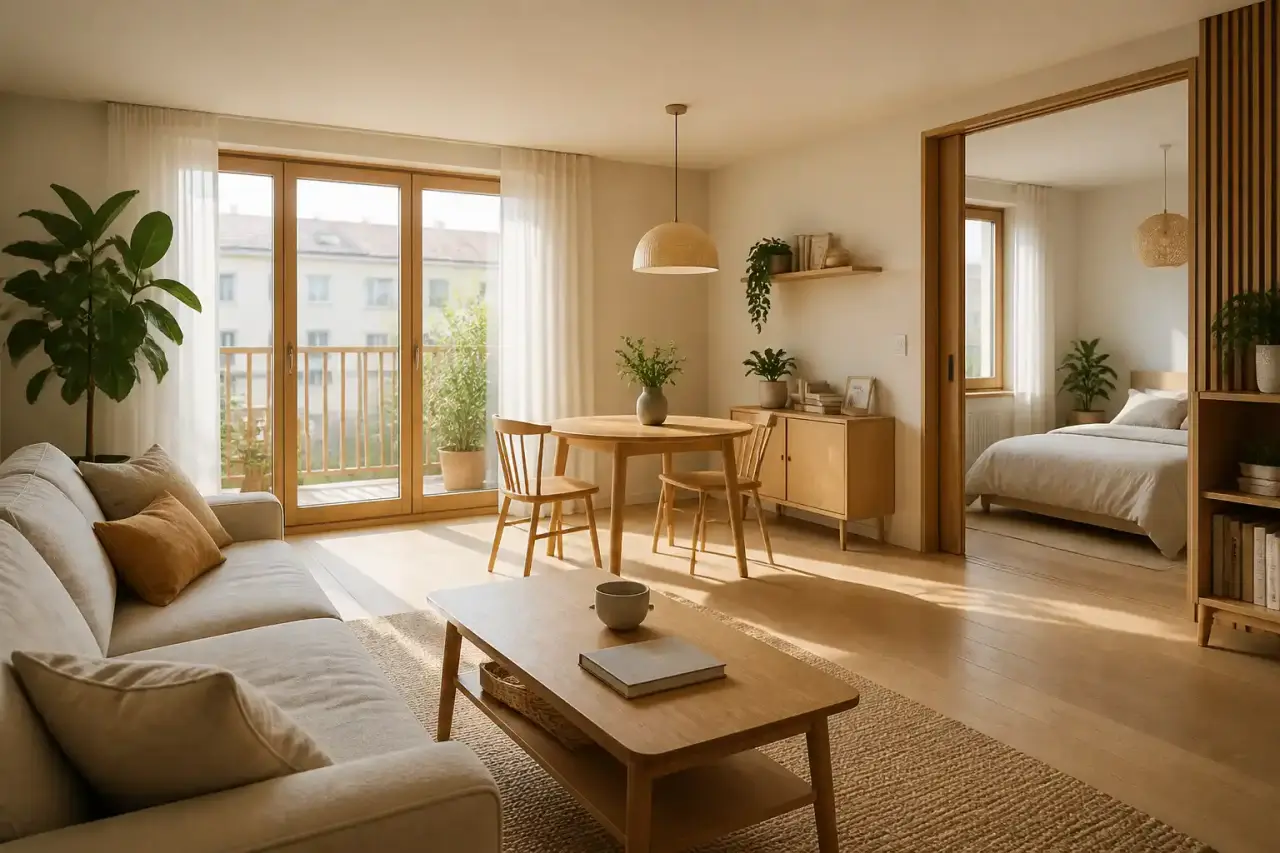 Salon slow living lumineux dans un 2-pièces avec bois clair, lin beige et plantes vertes