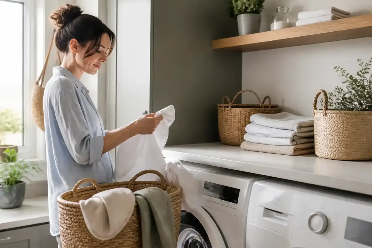 Buanderie épurée avec paniers en osier et linge en lin plié