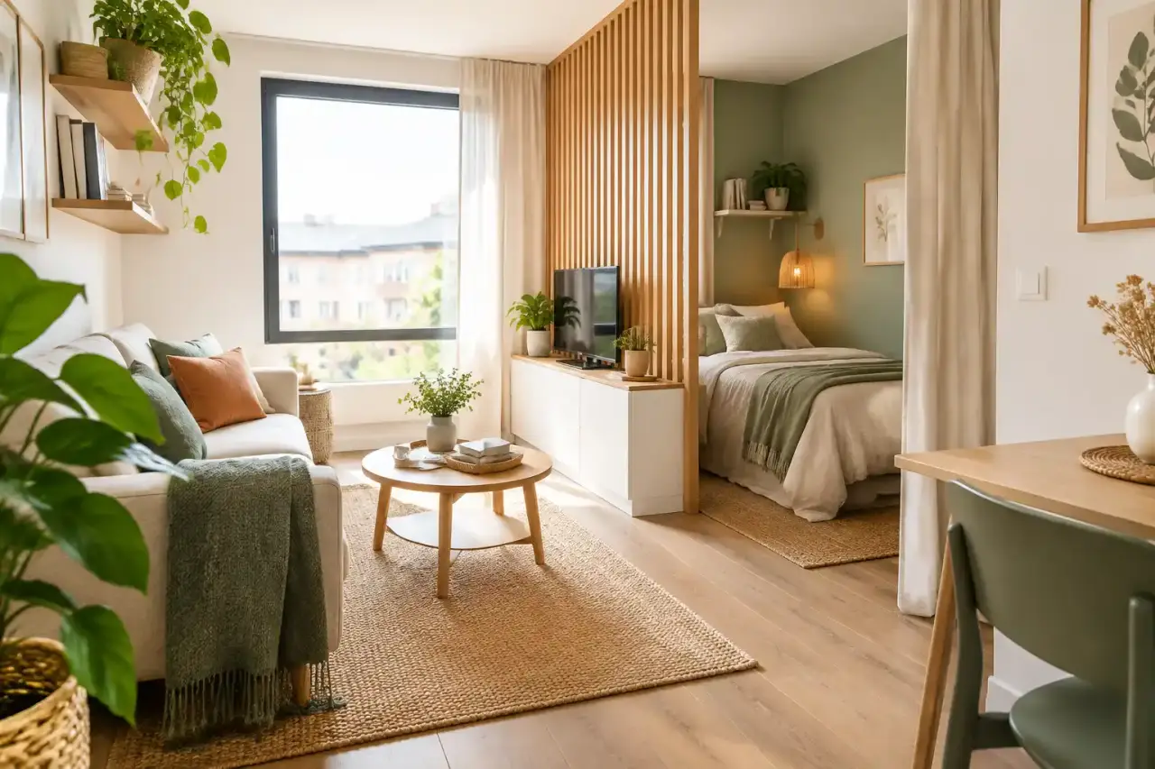 Studio de 22 m² avec coin nuit séparé par une bibliothèque ajourée et une décoration naturelle