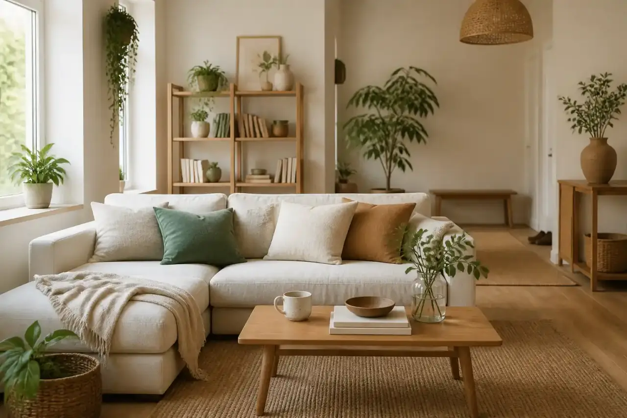 Salon lumineux et apaisant, canapé en lin beige, plantes vertes et table basse en bois brut
