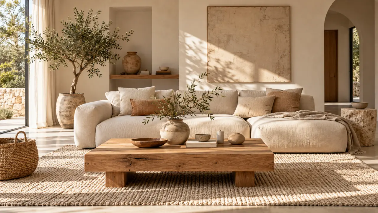 Salon lumineux aux matières naturelles, avec canapé en lin, bois brut et plantes vertes