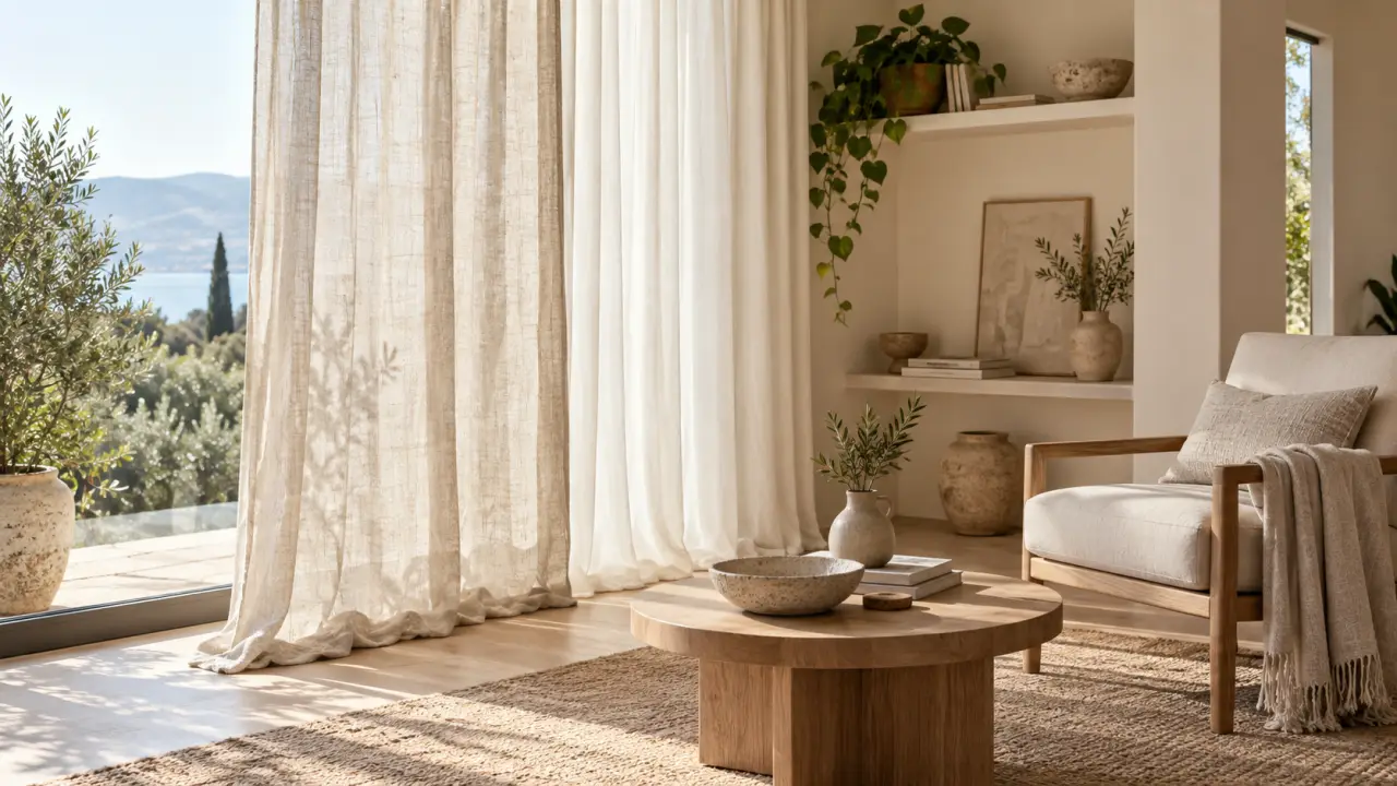 Salon lumineux avec de grands rideaux en fibres naturelles et une décoration sobre