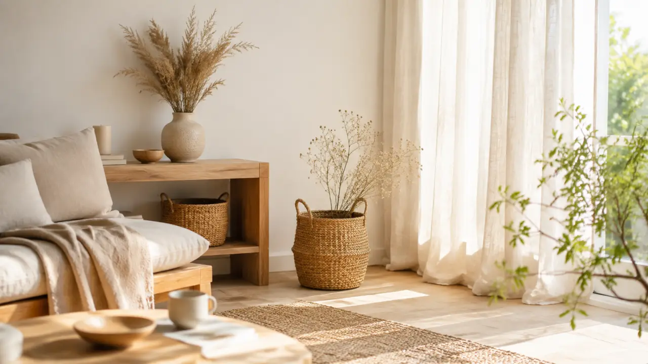 Salon lumineux et apaisant avec canapé en lin, bois brut et plantes vertes