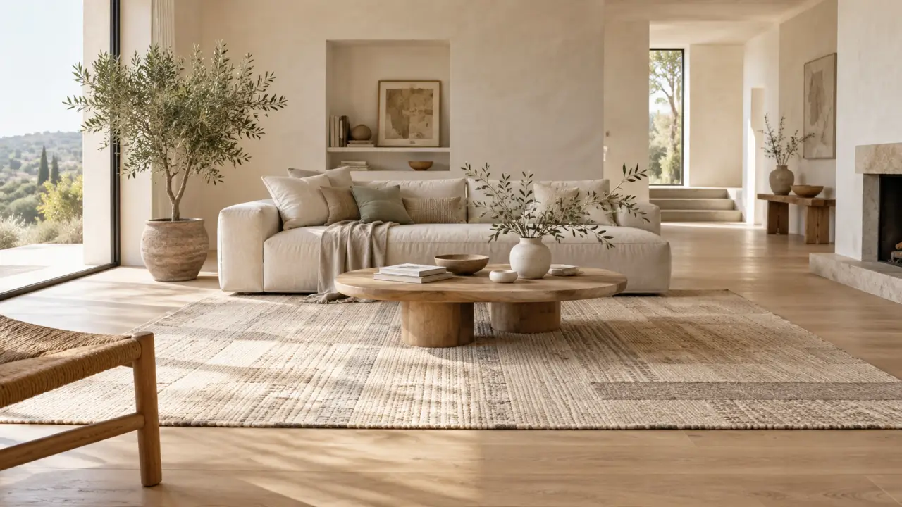 Salon lumineux avec un tapis naturel aux lignes sobres