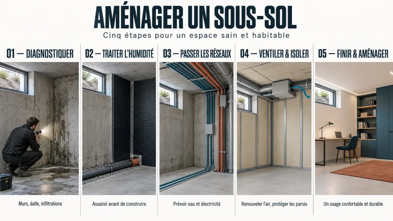 Étapes clés pour réussir un aménagement sous-sol : diagnostic, humidité, réseaux, ventilation et finitions