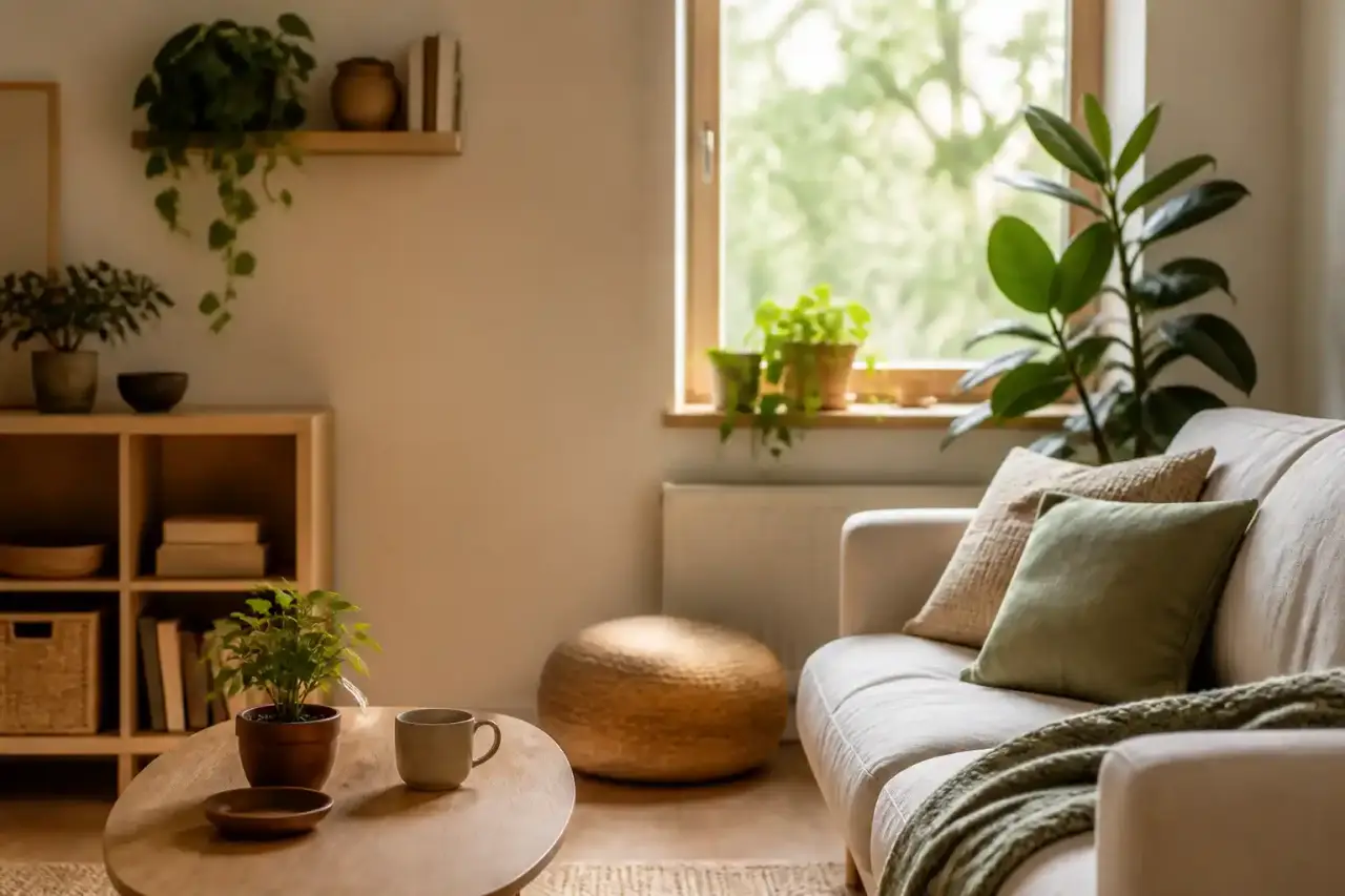 Salon lumineux et apaisant avec matières naturelles et palette douce