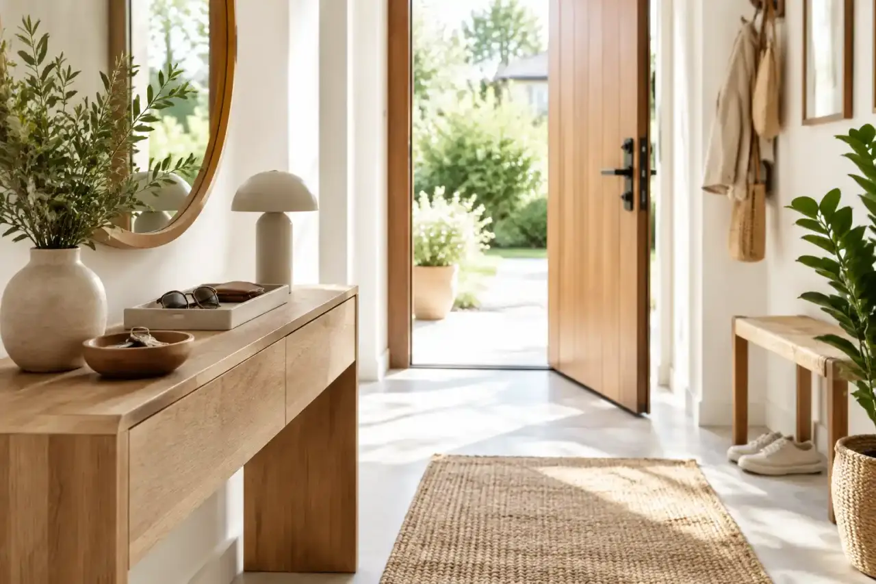 Entrée minimaliste baignée de lumière avec banc en bois, panier naturel et vide-poches