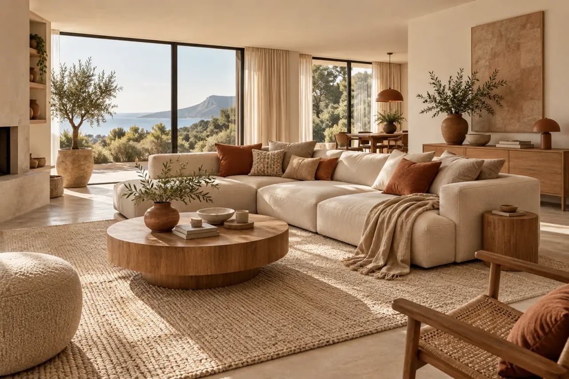 Salon contemporain illustrant une ambiance chaleureuse avec matières naturelles et tons terracotta