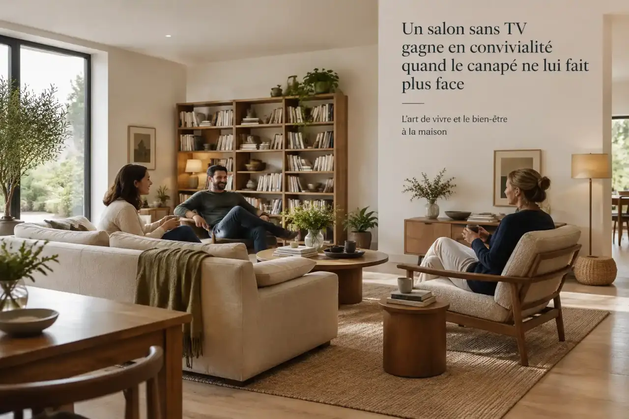 Un salon sans TV gagne en convivialité quand le canapé ne lui fait plus face