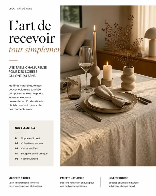 Cadeau déco maison : table dressée avec nappe en lin, bougeoir et vase pour une ambiance cocooning