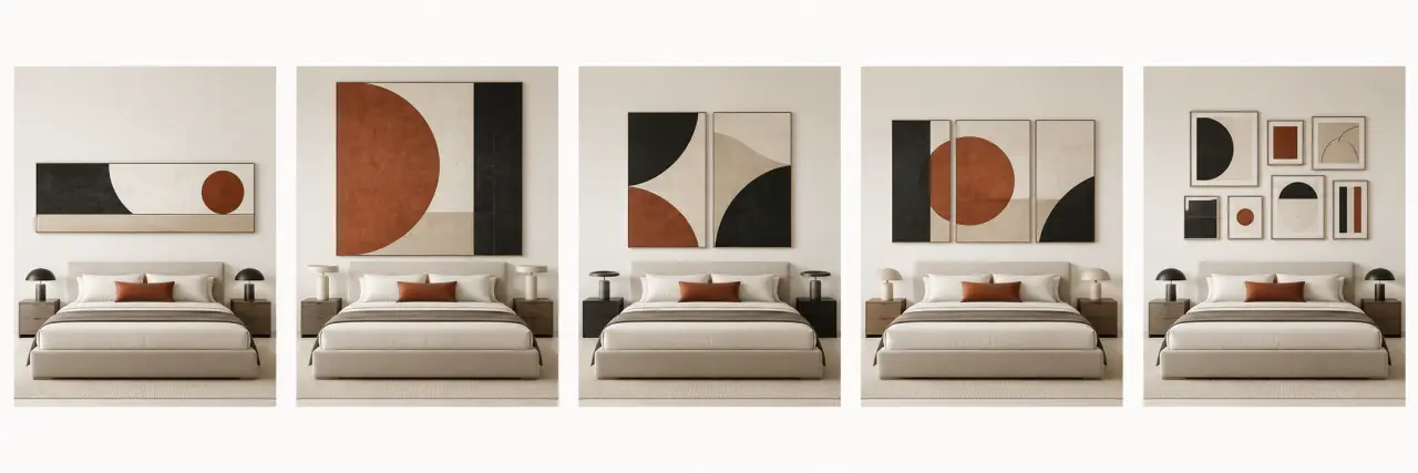 Comparaison de compositions de tableaux déco chambre : tableau unique, tableau XXL, triptyque et galerie murale