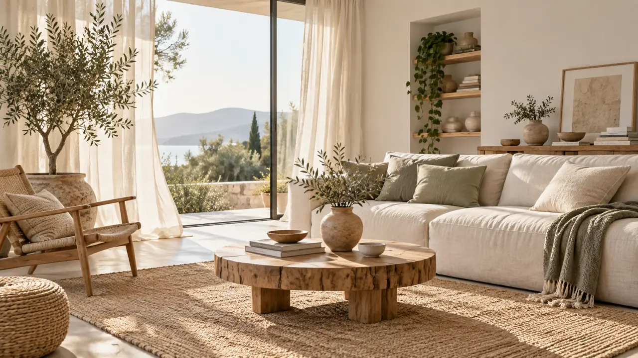 Salon lumineux et apaisant avec canapé en lin beige, bois naturel et plantes vertes