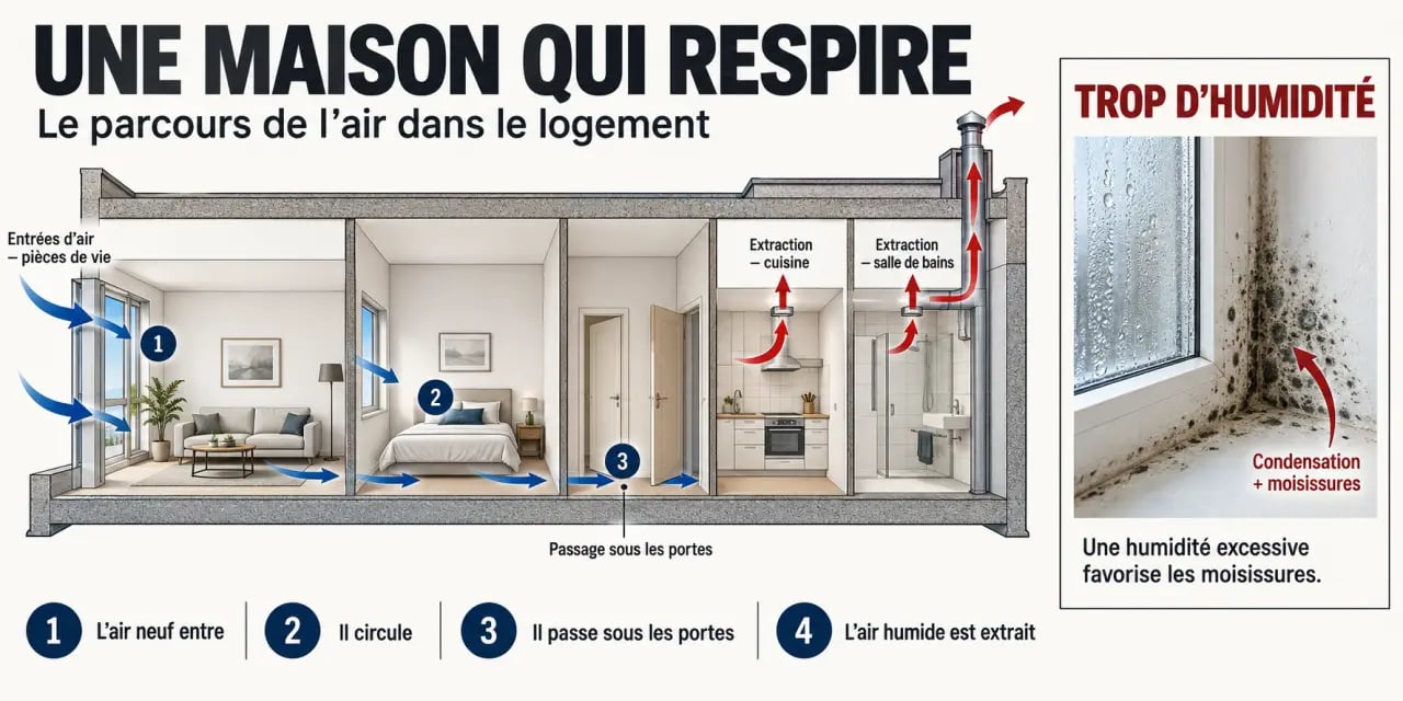 Infographie sur la maison plus saine, la circulation de l’air et la maîtrise de l’humidité