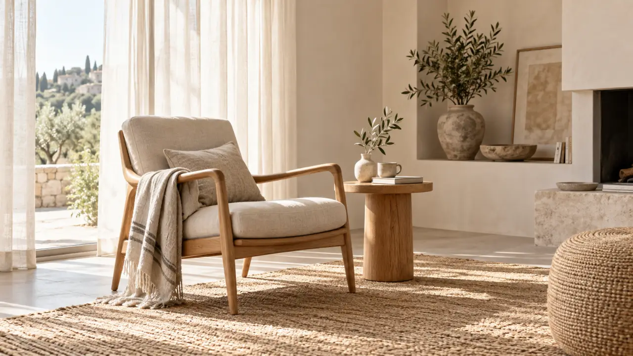 Salon lumineux et épuré avec un meuble en bois naturel, des textiles en lin et des plantes vertes