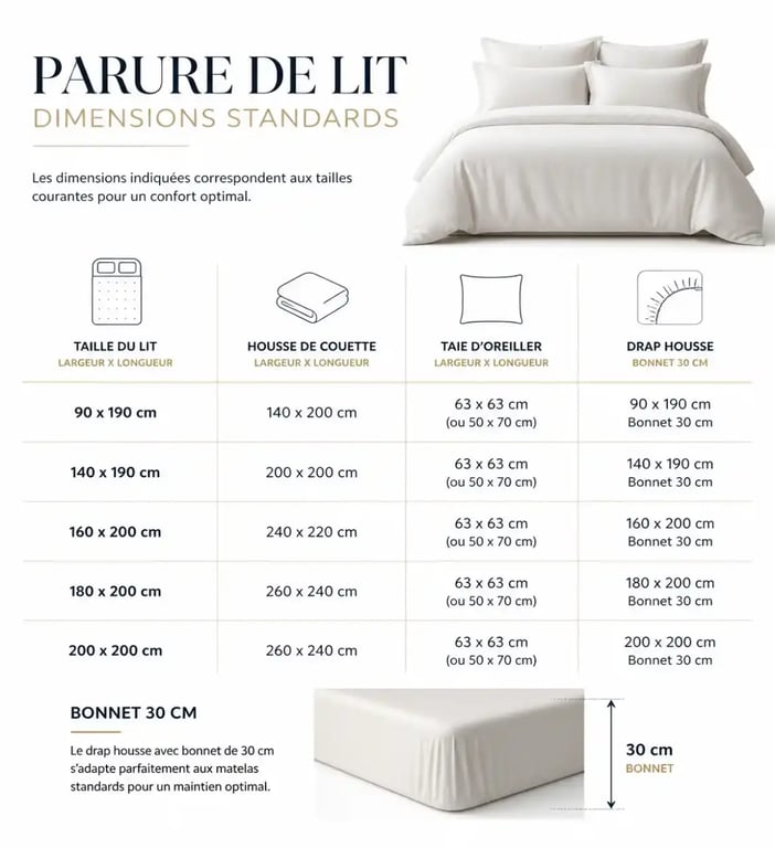 Guide des dimensions pour choisir sa parure de lit en satin de coton