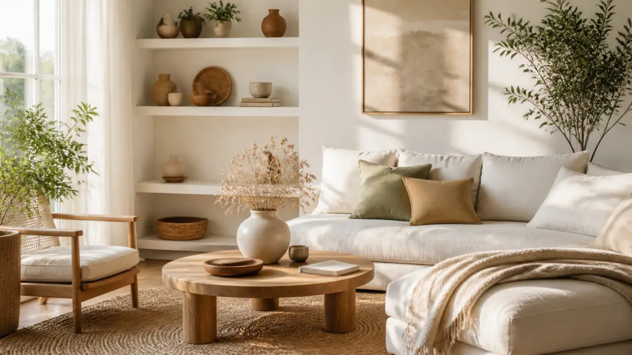 Salon lumineux et apaisant dans un esprit slow déco