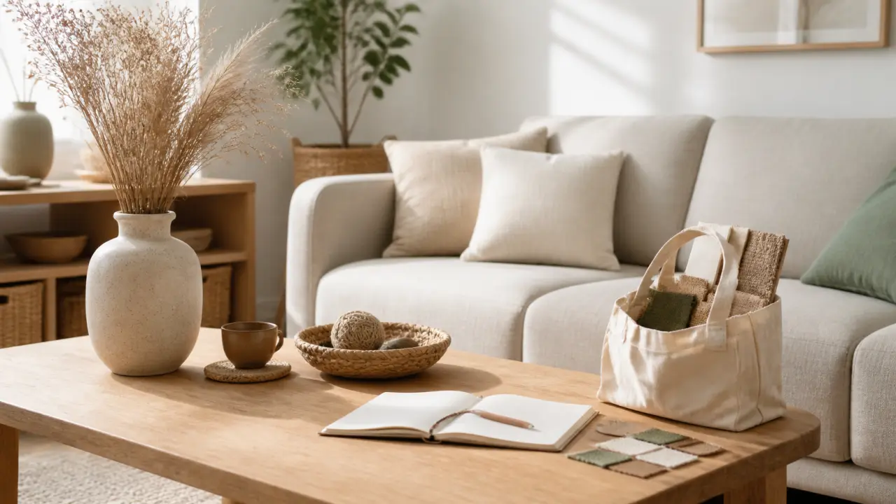 Salon lumineux et épuré avec matières naturelles, dans un esprit de décoration durable