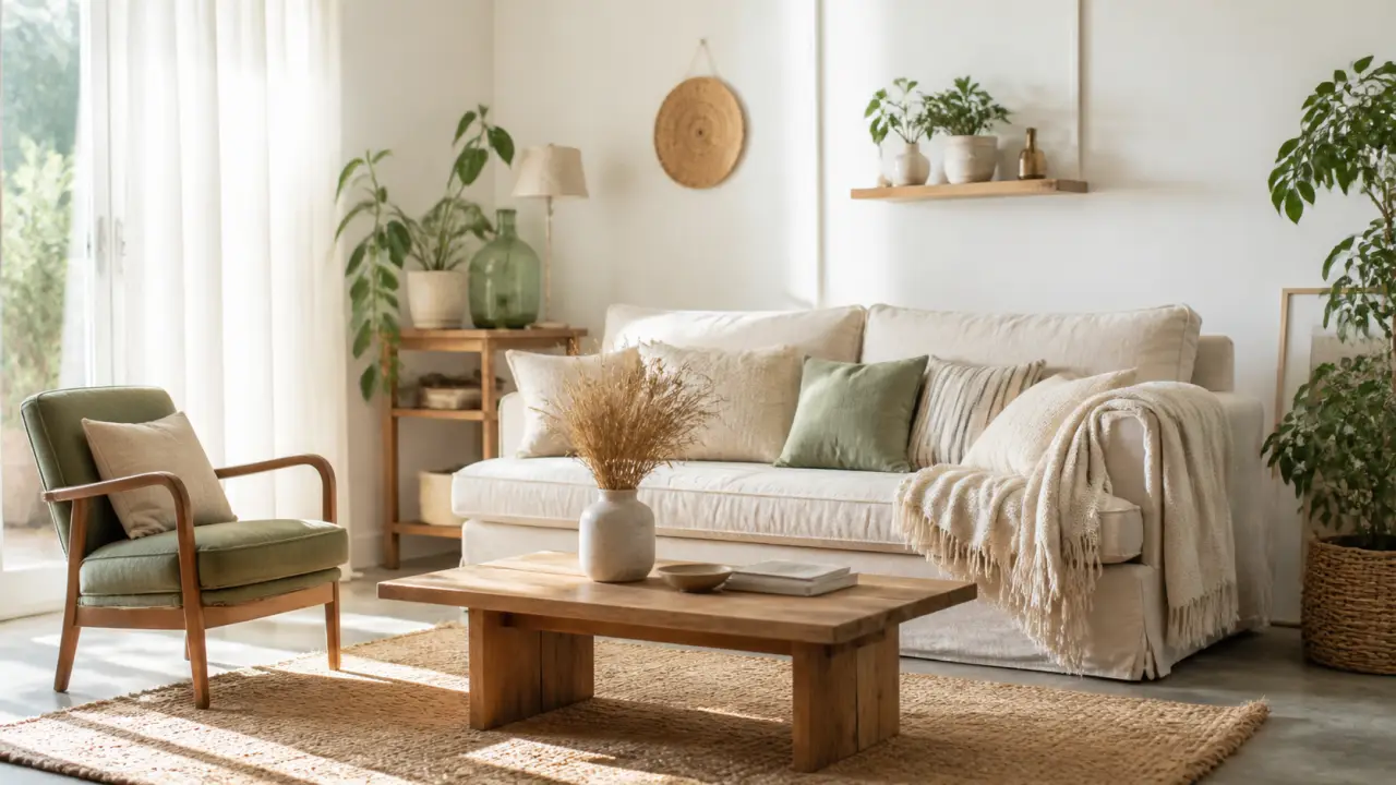 Salon spacieux et lumineux avec canapé en lin, plantes vertes et table basse en bois brut