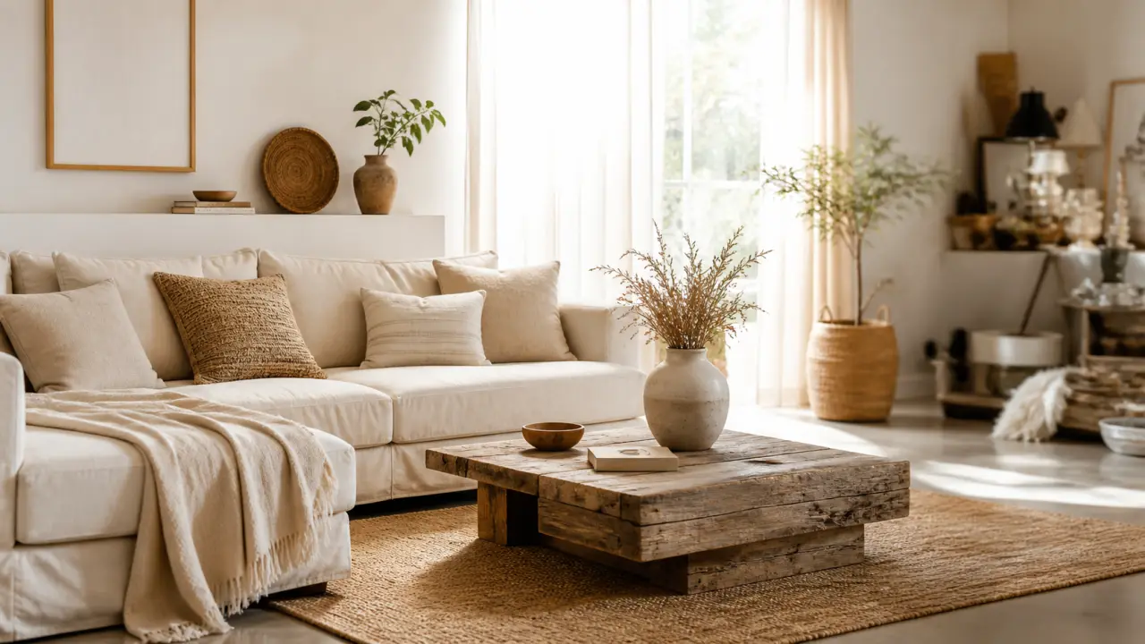 Salon lumineux et minimaliste avec matières naturelles, ambiance apaisante