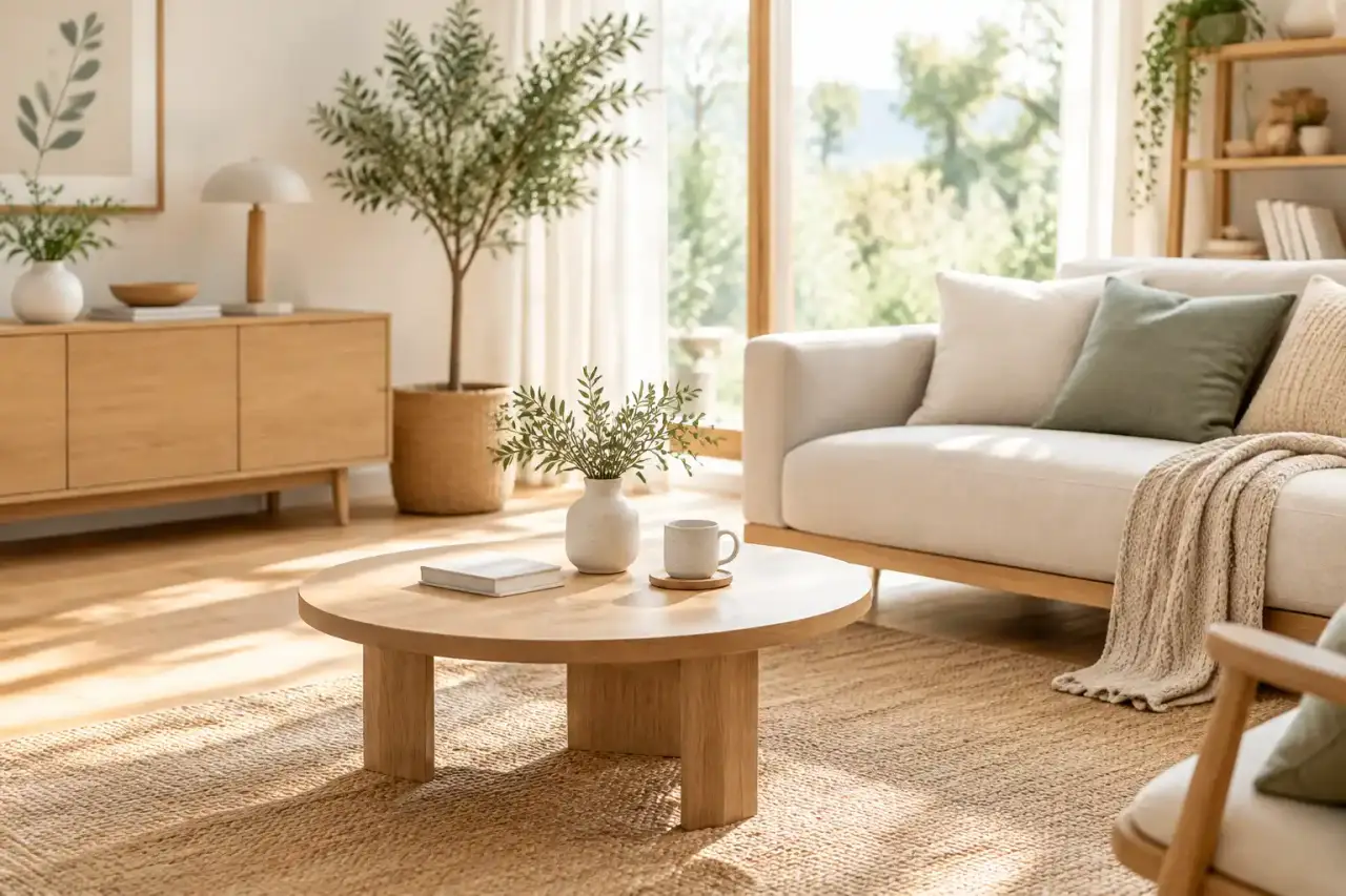 Salon lumineux avec meubles en bois clair, textiles naturels et décoration minimaliste