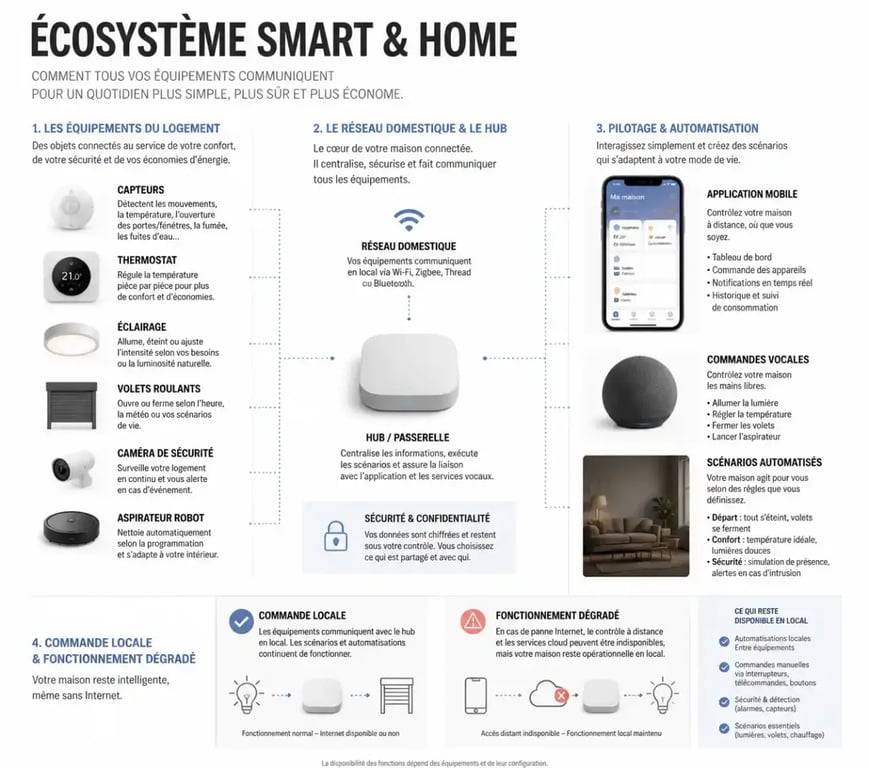 Infographie du fonctionnement d’un écosystème smart&home avec réseau, appareils connectés, hub et scénarios automatisés