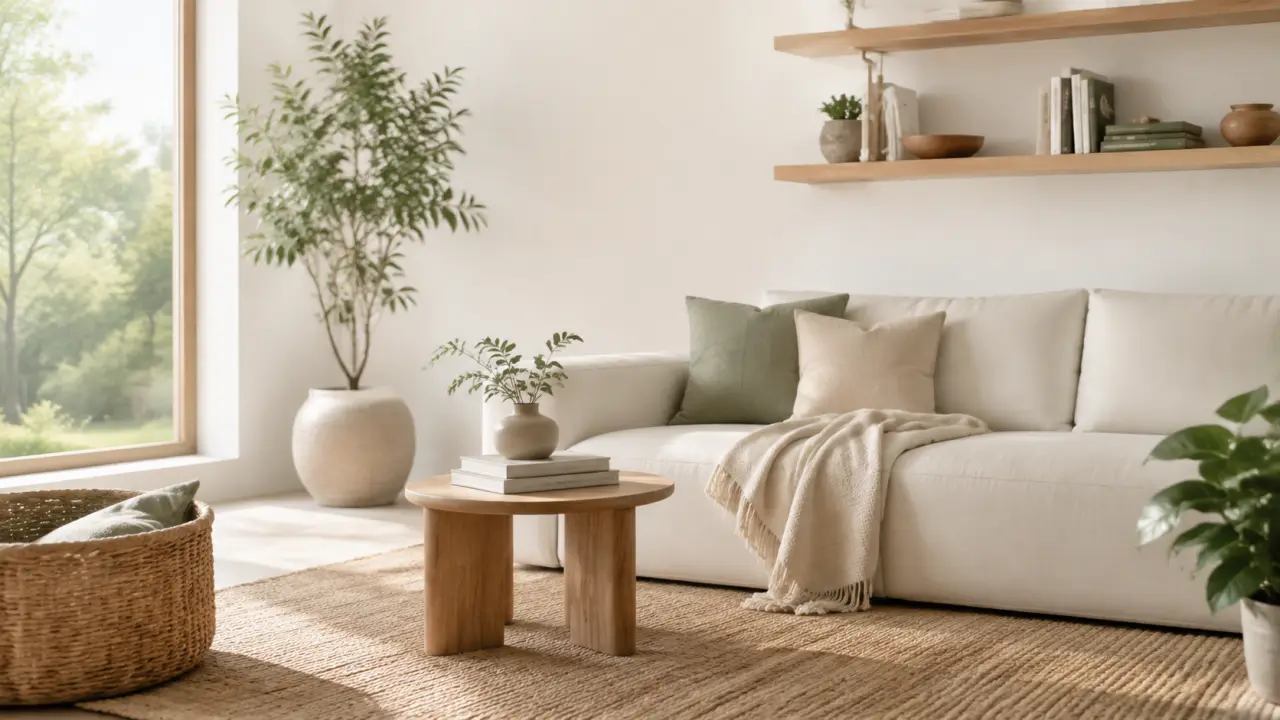 Salon apaisant baigné de lumière naturelle, canapé en lin beige et matières naturelles