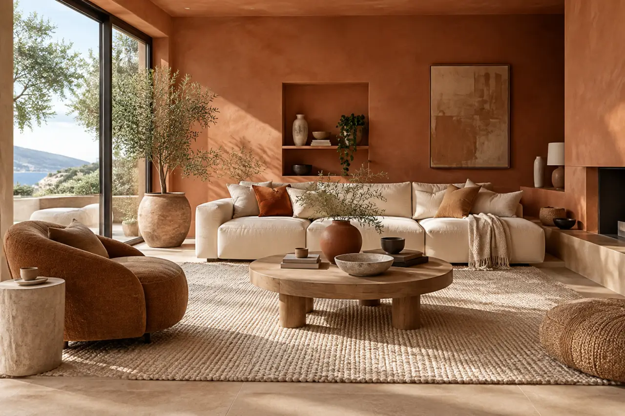 La terracotta réchauffe le salon, à condition de maîtriser la lumière et les contrastes