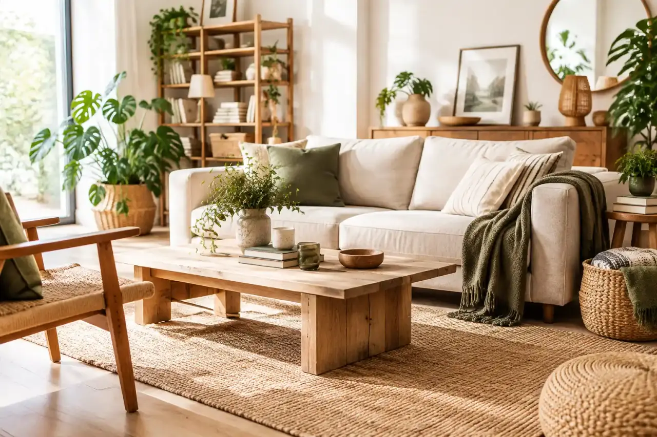 Salon lumineux aménagé avec des meubles réemployés, des textiles naturels et des plantes vertes