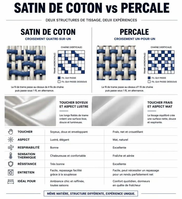 Comparaison technique entre le tissage du satin de coton et de la percale pour une parure de lit