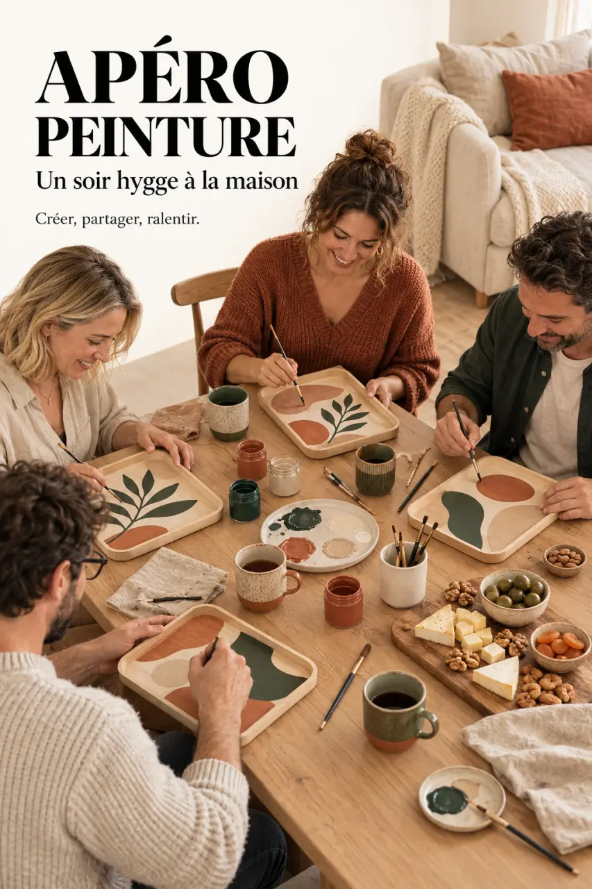 Ambiance chaleureuse d’un apéro peinture hygge-a-la-maison autour d’une table en bois