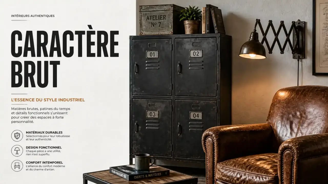 Détails de décoration vintage industrielle avec fauteuil en cuir et casier en métal