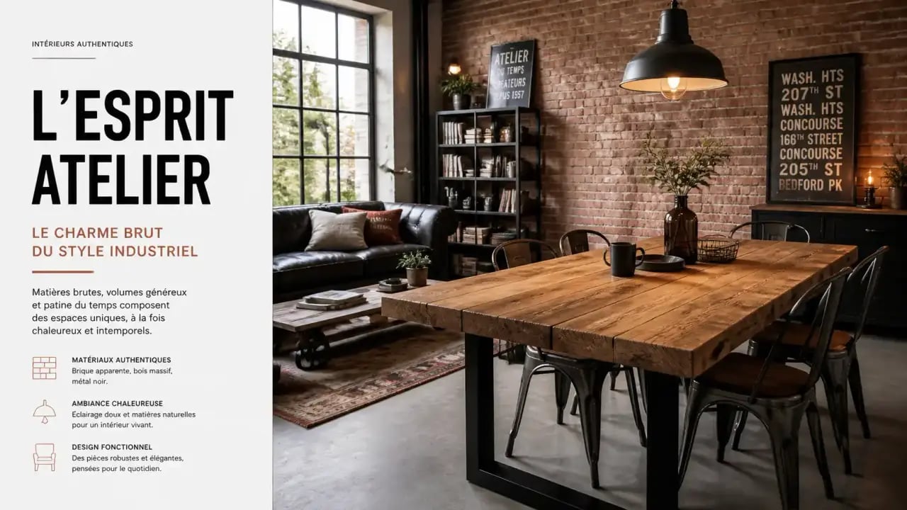 Décoration vintage industrielle avec table en bois et métal et mur en briques