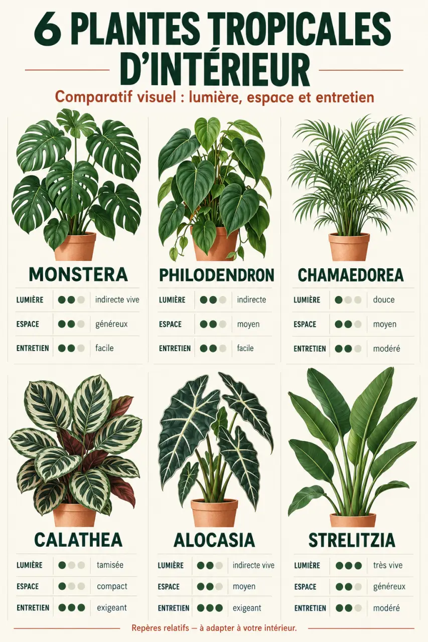 Plantes intérieur tropicale : infographie comparative des variétés, de la lumière et de l’entretien