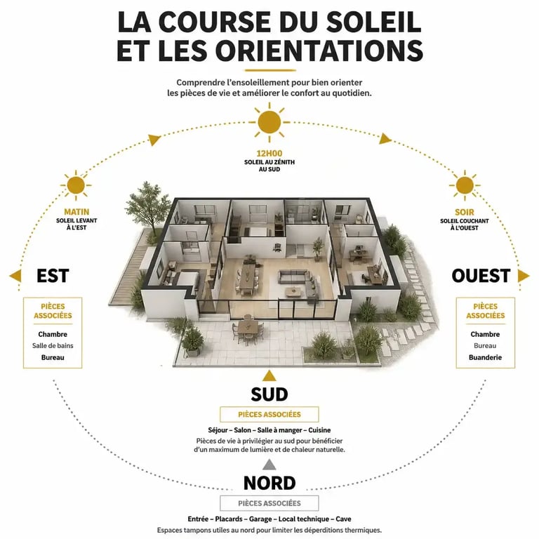 Schéma de la meilleure orientation maison pour optimiser la luminosité et le confort thermique