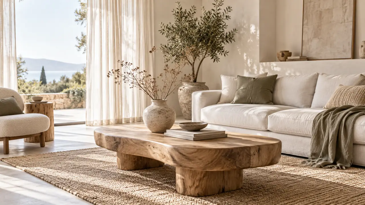 Salon lumineux avec une table basse en bois brut et des matières naturelles