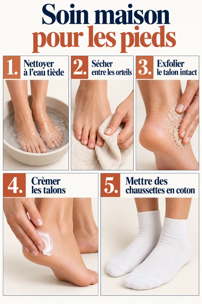 Soin maison pour les pieds en cinq étapes, du nettoyage à l’application de crème