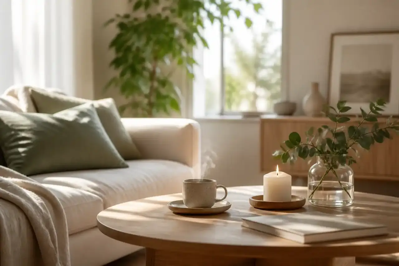 Intérieur minimaliste et apaisant, style Japandi, lumière douce