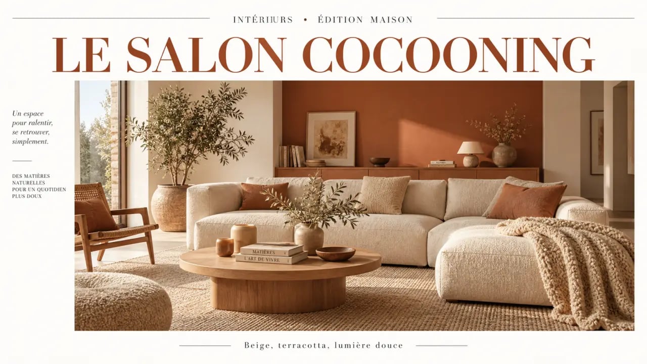 Salon cocooning avec couleurs chaudes pour salon, beige crème et terracotta