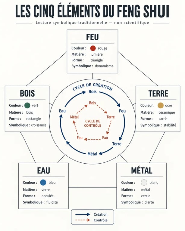 Les cinq éléments du Feng Shui énergie positive et leurs cycles de création et de contrôle