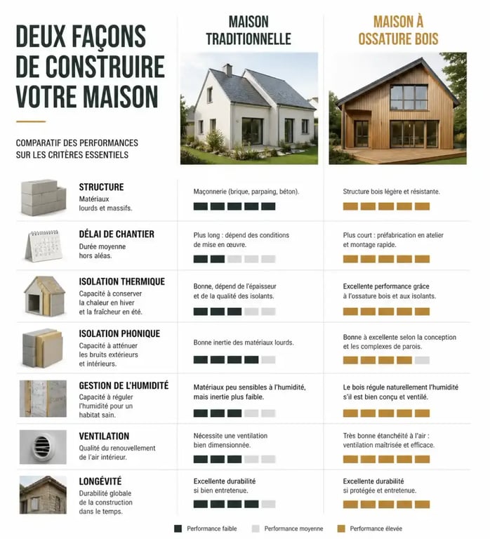 Comparaison visuelle entre maison traditionnelle et maison à ossature bois
