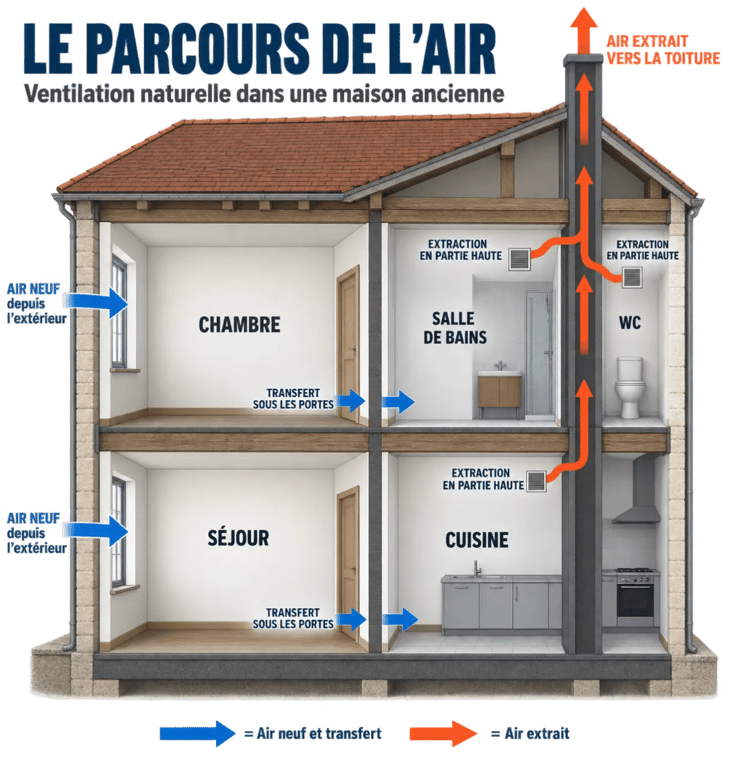 Schéma de ventilation naturelle dans une maison ancienne avec circulation de l’air
