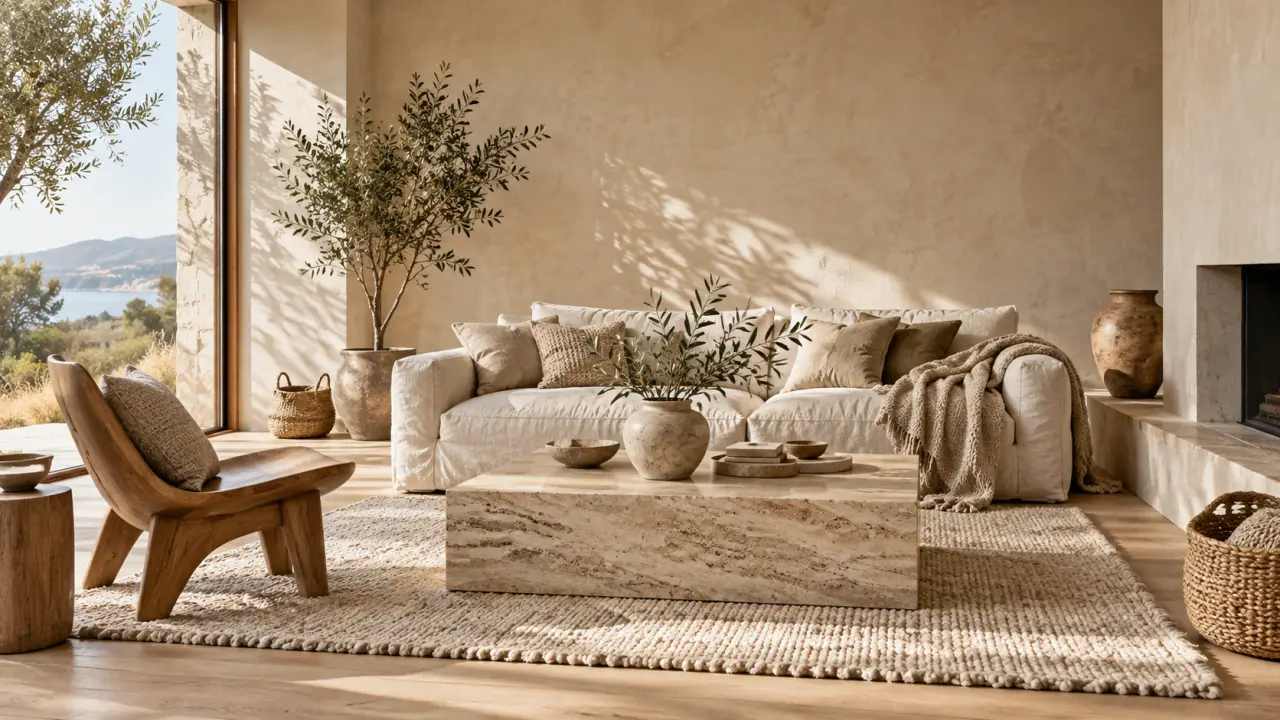 Salon lumineux décoré avec des matières naturelles, du bois brut et des textiles texturés